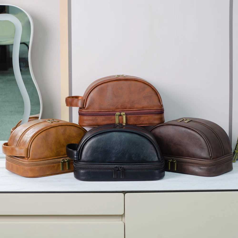 Mens leather makeup bag for travel mens highend sense large capacity storage travel wash bag waterproof toiletry bagW251021
