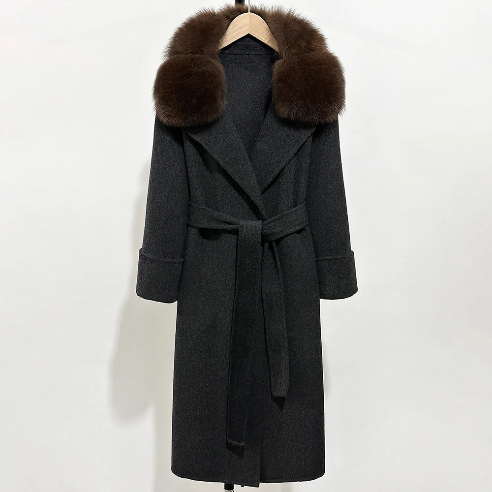 Real Fox Fur Collar Wool Jacket Elegant Woolen Coat Female Autumn Wool Blend Coat Fashion Warm Winter Doublesided Cashmere 251017
