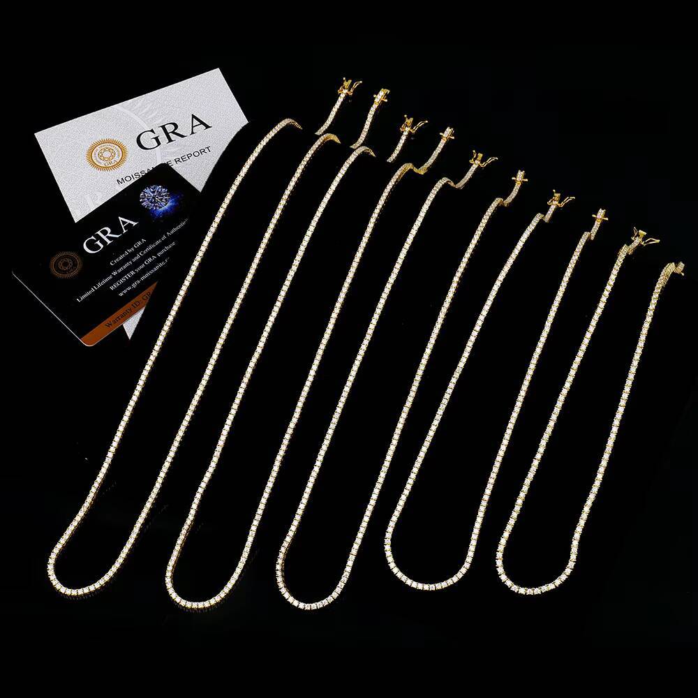 Hiphop Buckle Jewelry Lady Gold Plated 2024 925 Sterling Silver Round Shape 2mm Mossanite Moissanite Tennis Necklace for Women