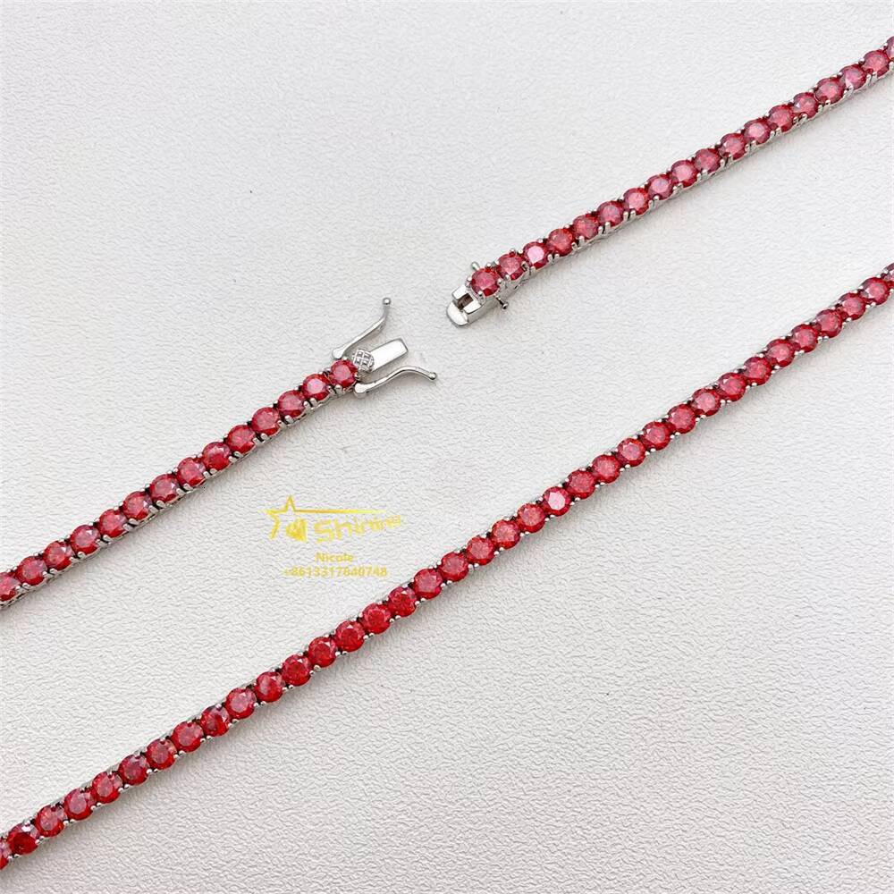 New Style High Quality Hip Hop Mens 4mm Necklace Garnet Gra Vvs Moissanite 925 Silver Tennis Chain