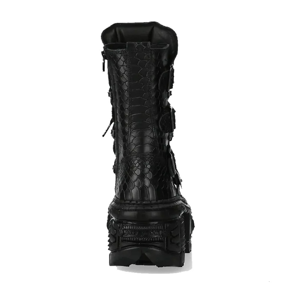 Mens Fashion Snake Pattern Genuine Leather Motorcycle Boots Goth Punk Midcalf Western Boots Metallic Platform Rock Boots251020