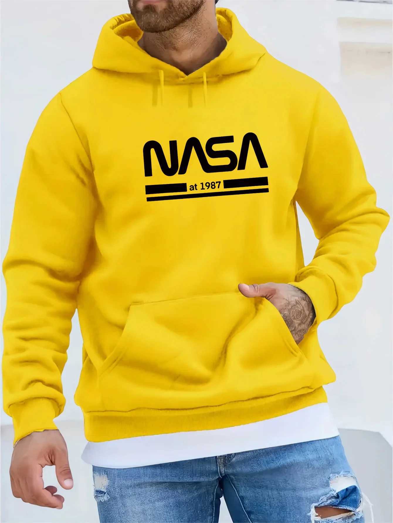 Mens autumn and winter casual fashionable loose hoodie NASA letter printed long sleeved warm pullover sweater W251021