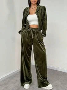 Womens Velvet Long Pants Set Autumn Winter Zipper Sweatshirt Loose Fit Casual Sportswear Plain Pattern 251021