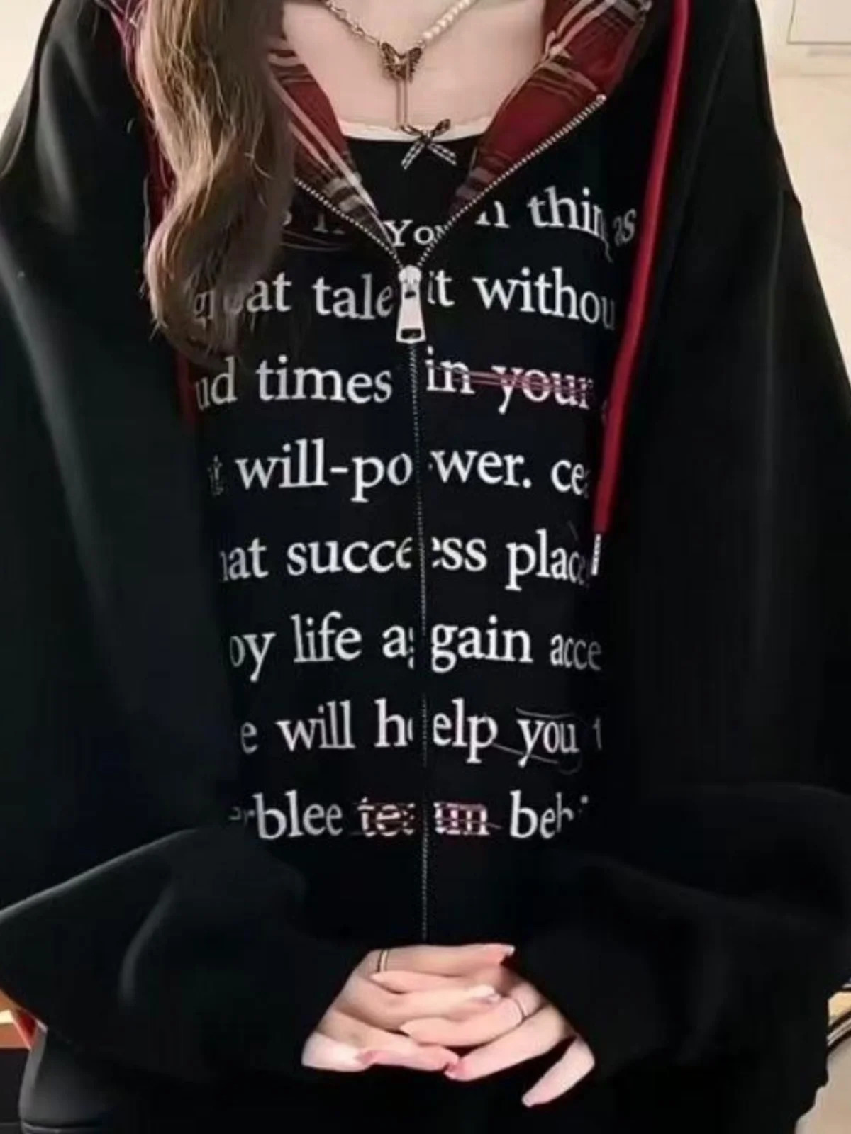 Retro Plaid Splicing Womens Hoodie Cardigan Korean Sle Outerwear Loose Fit Long Sve Polyester Fiber Zipper Closure 251017