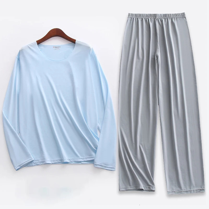 Large Size Men Ice Silk Pajamas Solid Shirt Pants 2Pcs Pijamas Sleep Set Thin Home Clothing Sleepwear Summer Nightwear Suit 251021