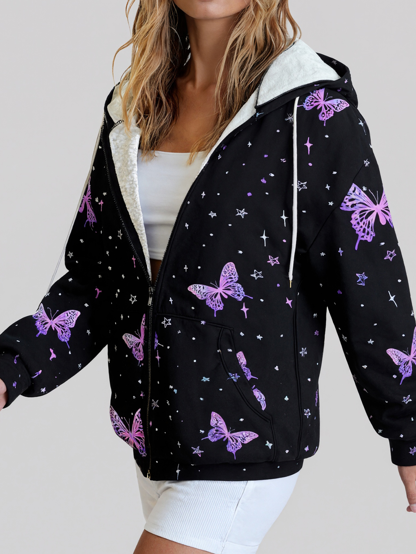 Women's Autumn & Winter New Butterfly Printed Hooded Jacket, Milk Silk Casual Commute Versatile Zip-Up Coat (S-XXL, Black)-CF41100