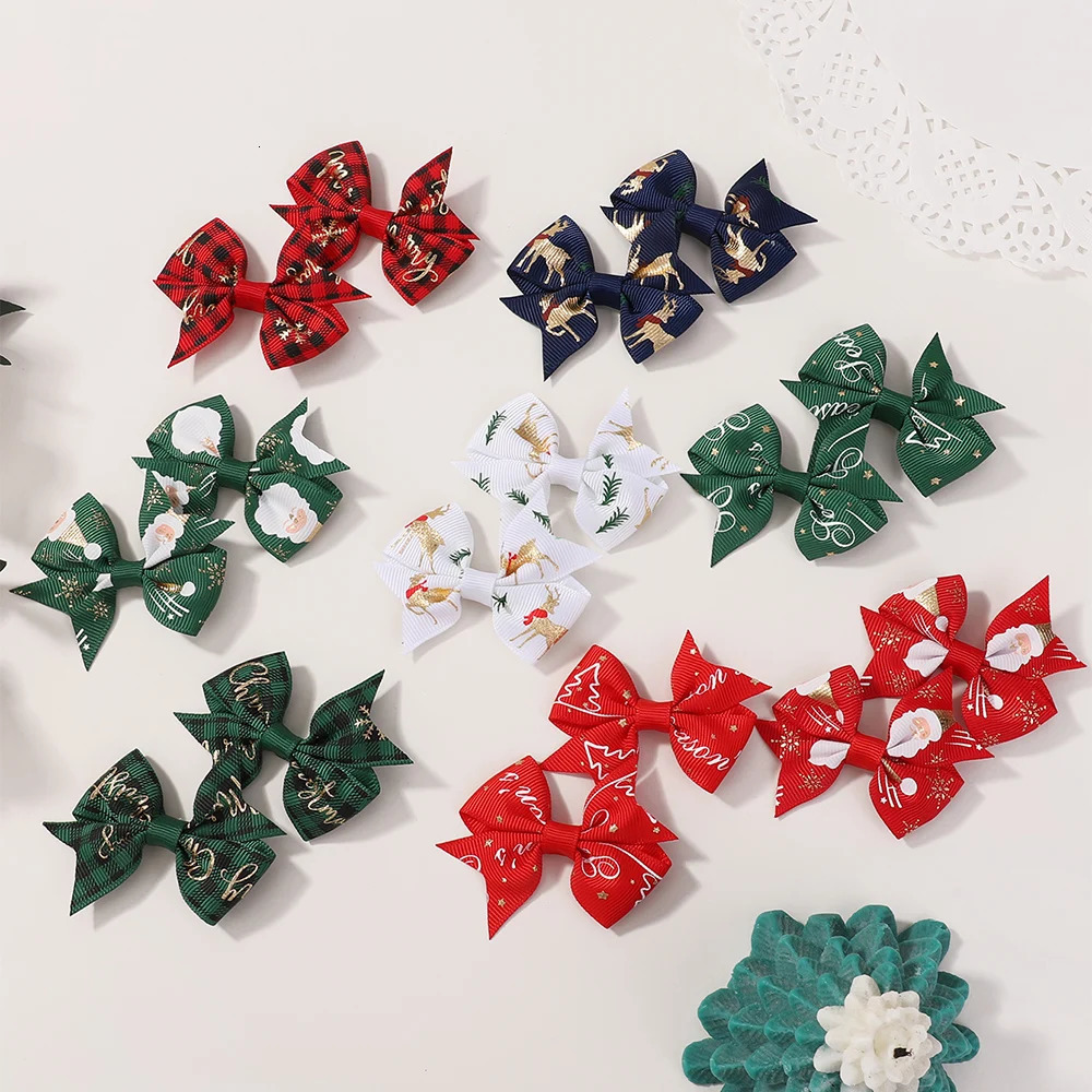 1020Pcs Christmas Snowman Santa Claus Bows Hair Clips Baby Girls Ribbon Bowknot Hairpin Kids Headwear Supplies Hair Accessories 251021