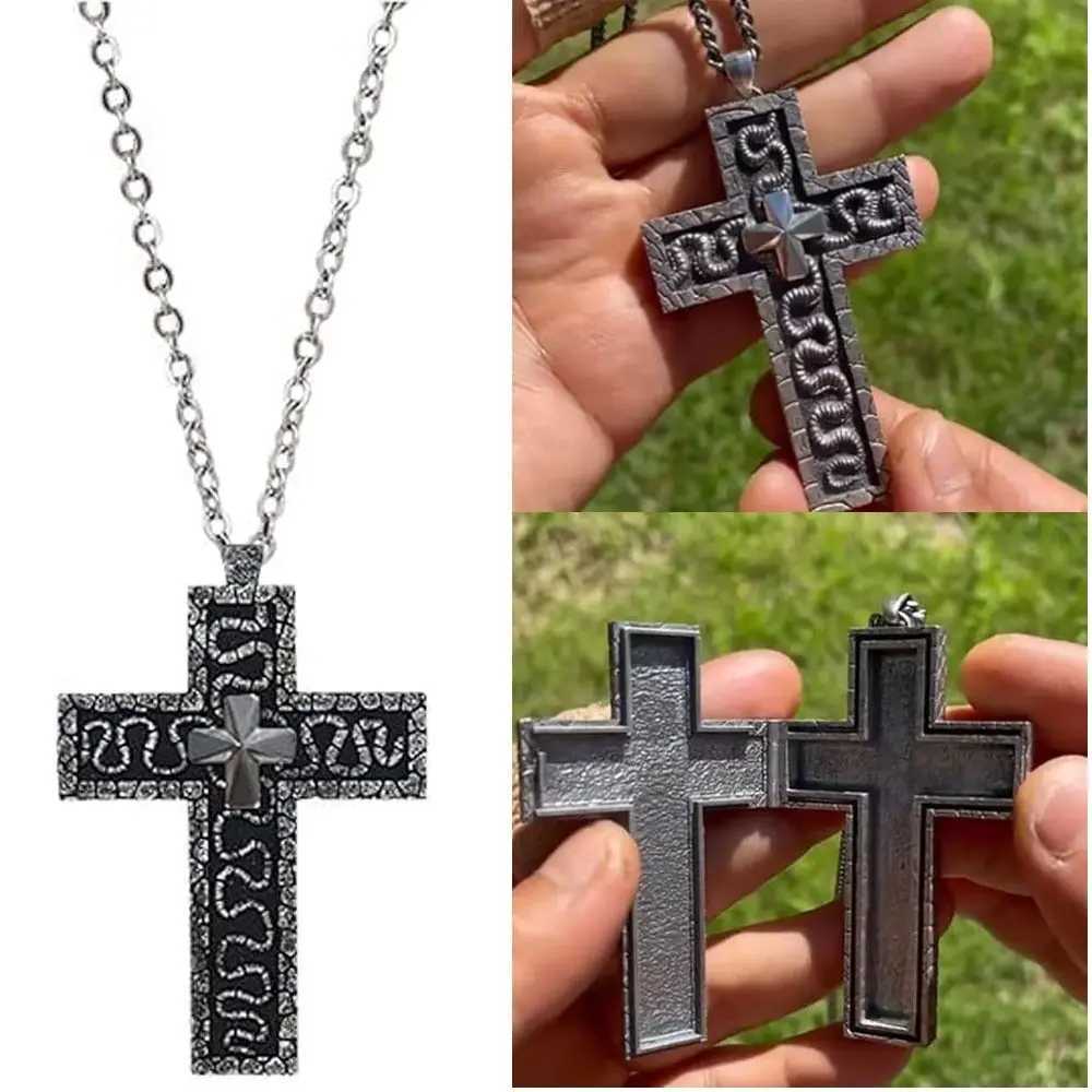With Secret Compartment Cross Pendant Necklace Openable Stainless Steel Chain Pendant Necklace Vintage 3D Printed Charm Jewelry XJ250717