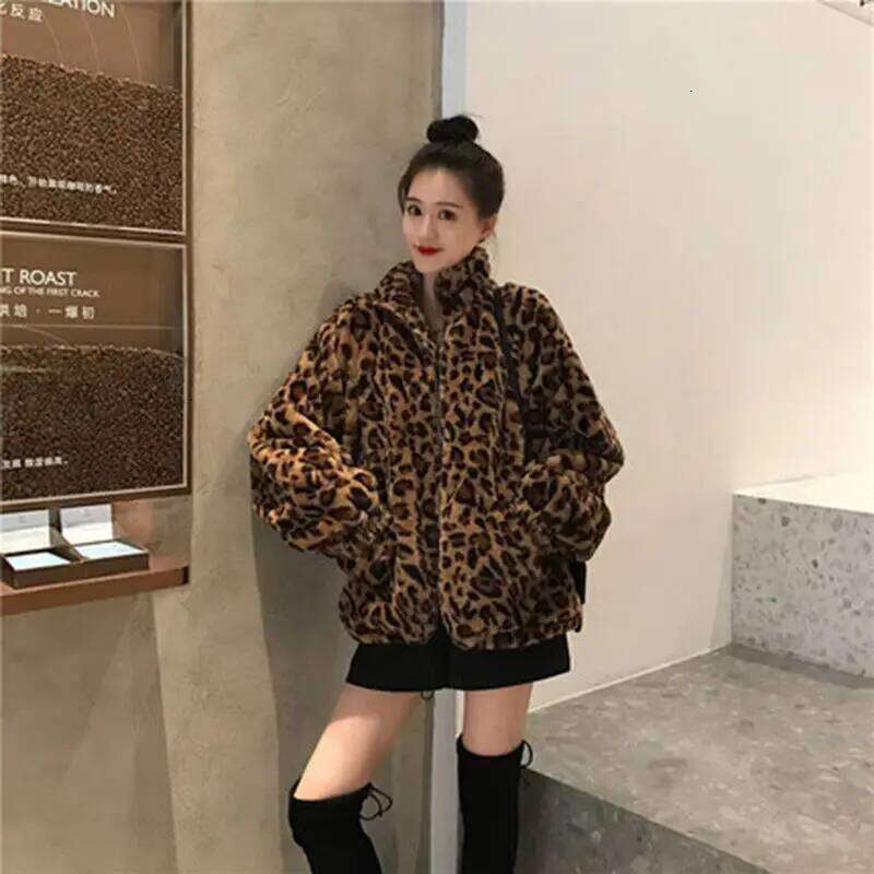Leopard Print Jacket Women's Stand Collar Warm Parkas Outwear 2025 New Autumn Winter Korean Female Loose Faux Fur Coats