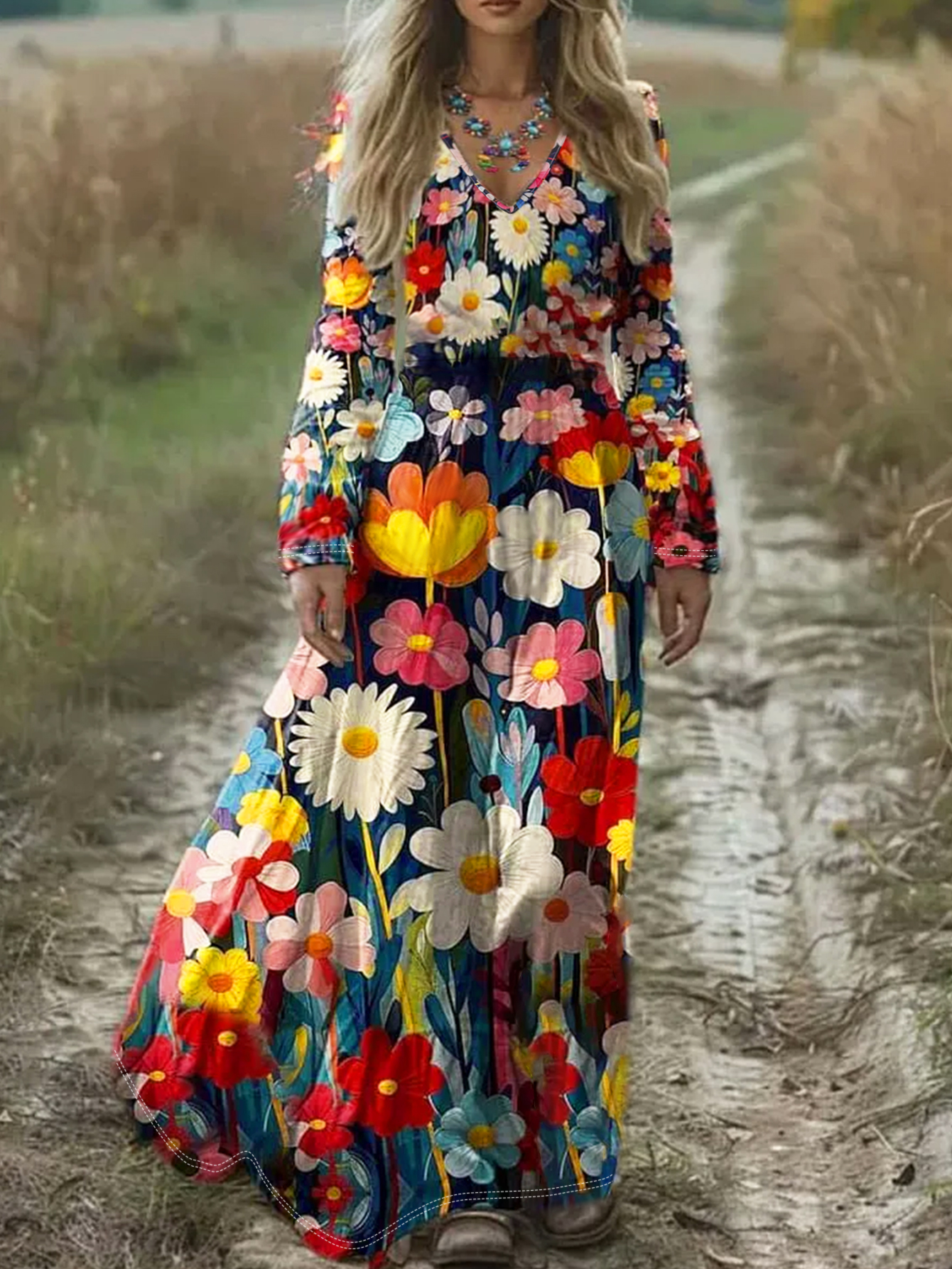 Women's Autumn New Floral Printed V-Neck Long Sleeve Maxi Dress, Milk Silk Casual Versatile Outdoor Travel Women's Dress (S-XXL, Floral)-CF5