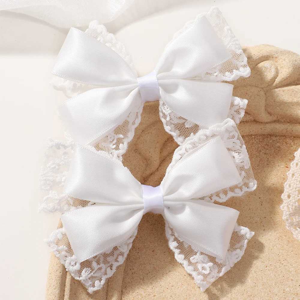 2Pcslot White Lace Hair Bows Clip Girls Wedding Headwear Hairpins Ribbon Barrettes Kids Headdressr Hair AccessoriesW254021
