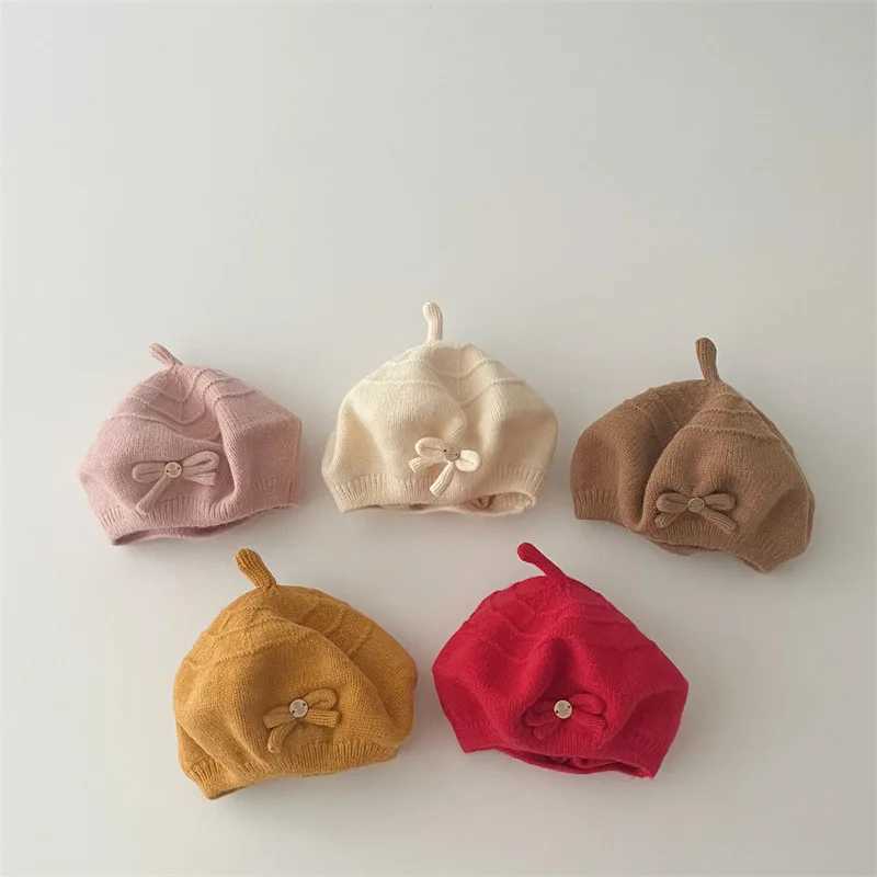 Korean Children Beret Sweet Bow Girl Baby Knitted Hat 624M Kids Winter Warm Woolen Cap Artist Painter Cap Soild Color Beanies J251021