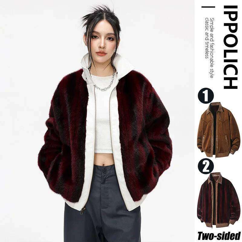 Women's Leather Fashion Two-Sided Autumn Casual Coat Reversible Double-Sided Jacket Faux Fur Plush Lining Warm Outerwear