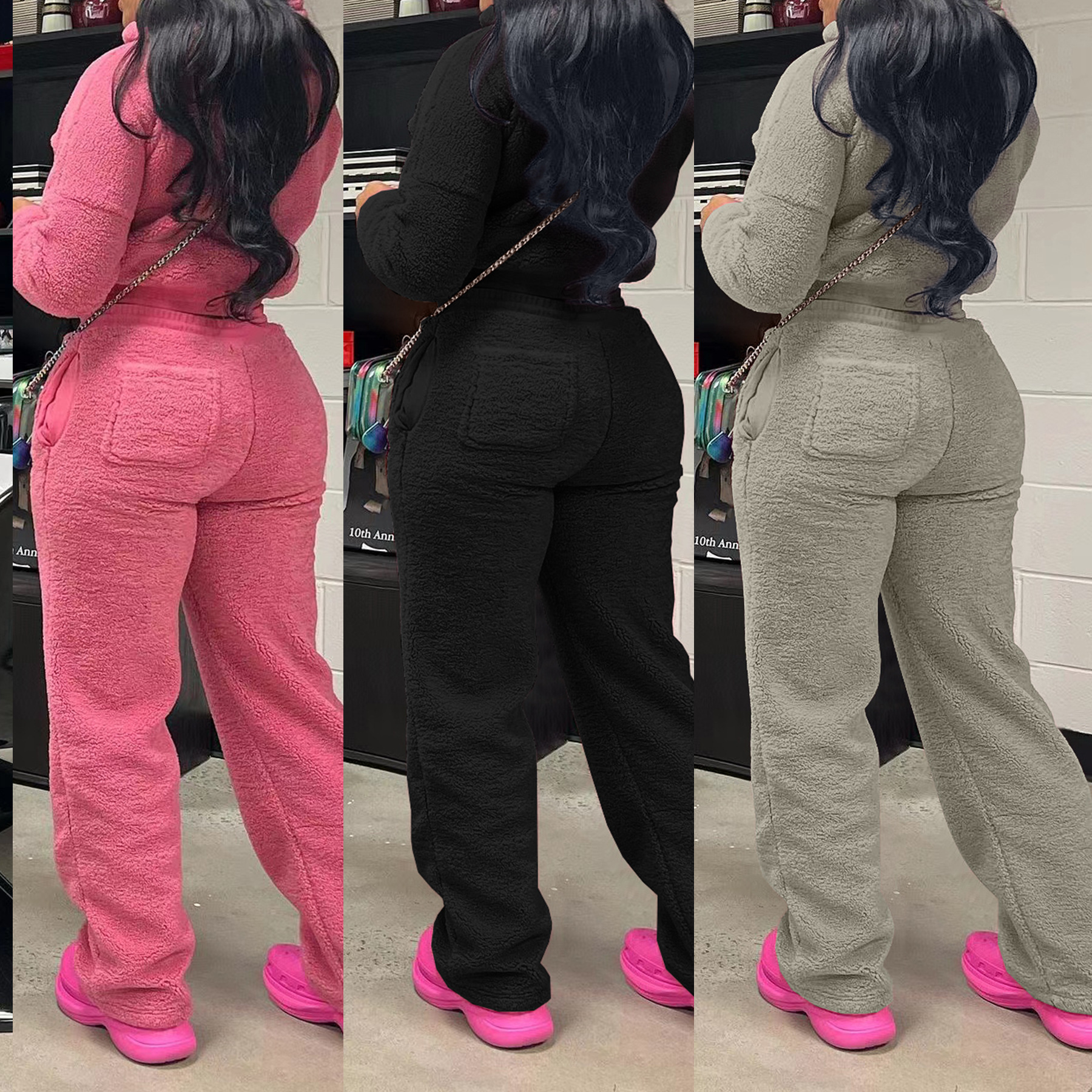 Womens Tracksuits Two Pieces Set 2025 New Solid Color Casual Fashion Bubble Velvet Winter Long Set 3 Colors