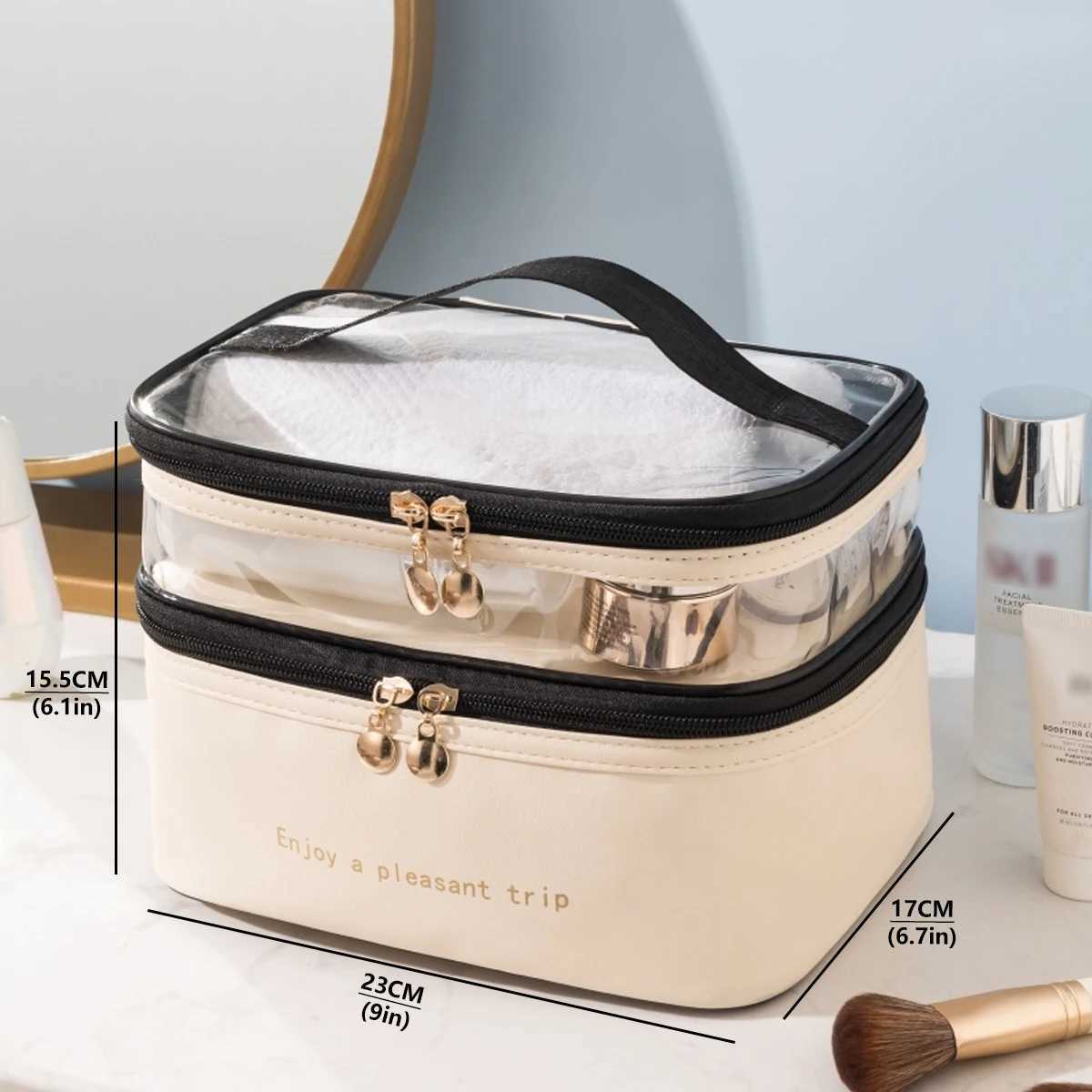 Double layer PU cosmetic bag large capacity portable storage bag waterproof travel toiletry bagW251021