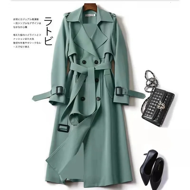 Long Trench Coat Women Lace Up Button Coats Full Sleeve Turn Down Collar Splice Jackets Solid Pockets Office Lady Streetwear 251021