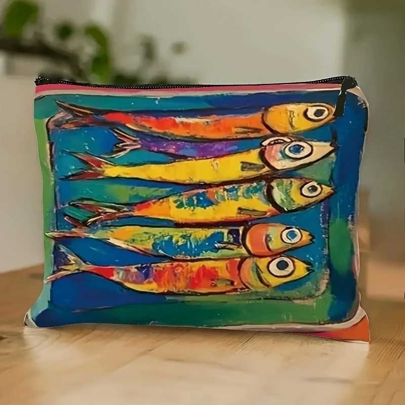 Sardines Retro Fish Print Cosmetic Bag Large Capacity Lightweight Travel Makeup Organizer Vibrant Orange Blue Cosmetic BagW251021