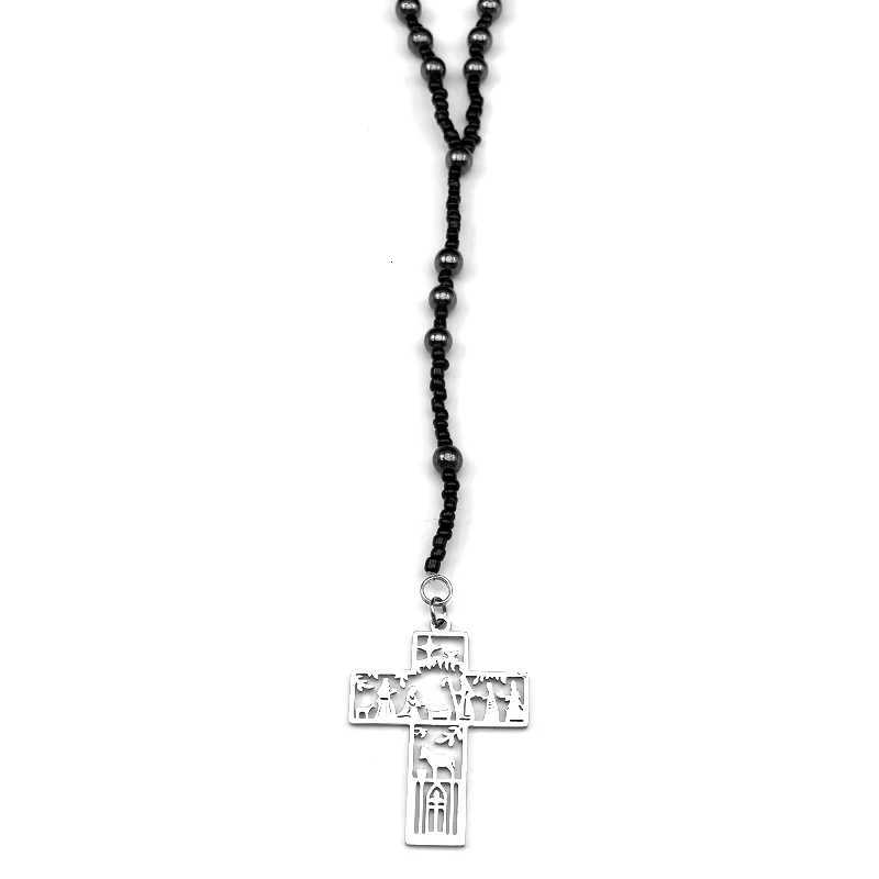 Jesus Cross Baptism Christianity Pendant Necklace For Men Stainless Steel Black Rosary Beaded Silver Color Long Chain Jewelry XJ250717