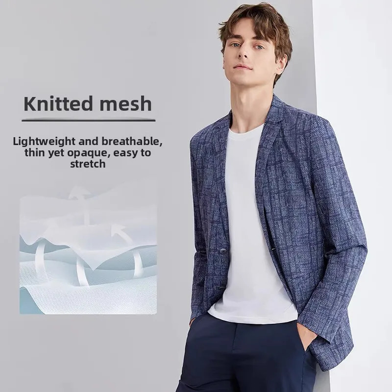 HighEnd Lightweight Knitted Me QuiDry Casual Mens Summer Thin Suit Jaet Busin Gentleman Sle round Hemline Long 251021