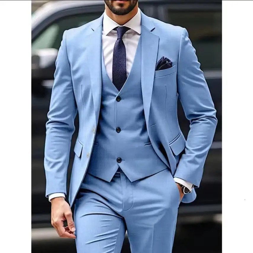 Light Blue Men Suits 3 Piece Jacket Pants Vest Single Breasted Notch Lapel Formal Wedding Blazer High Quality Costume Homme 251021