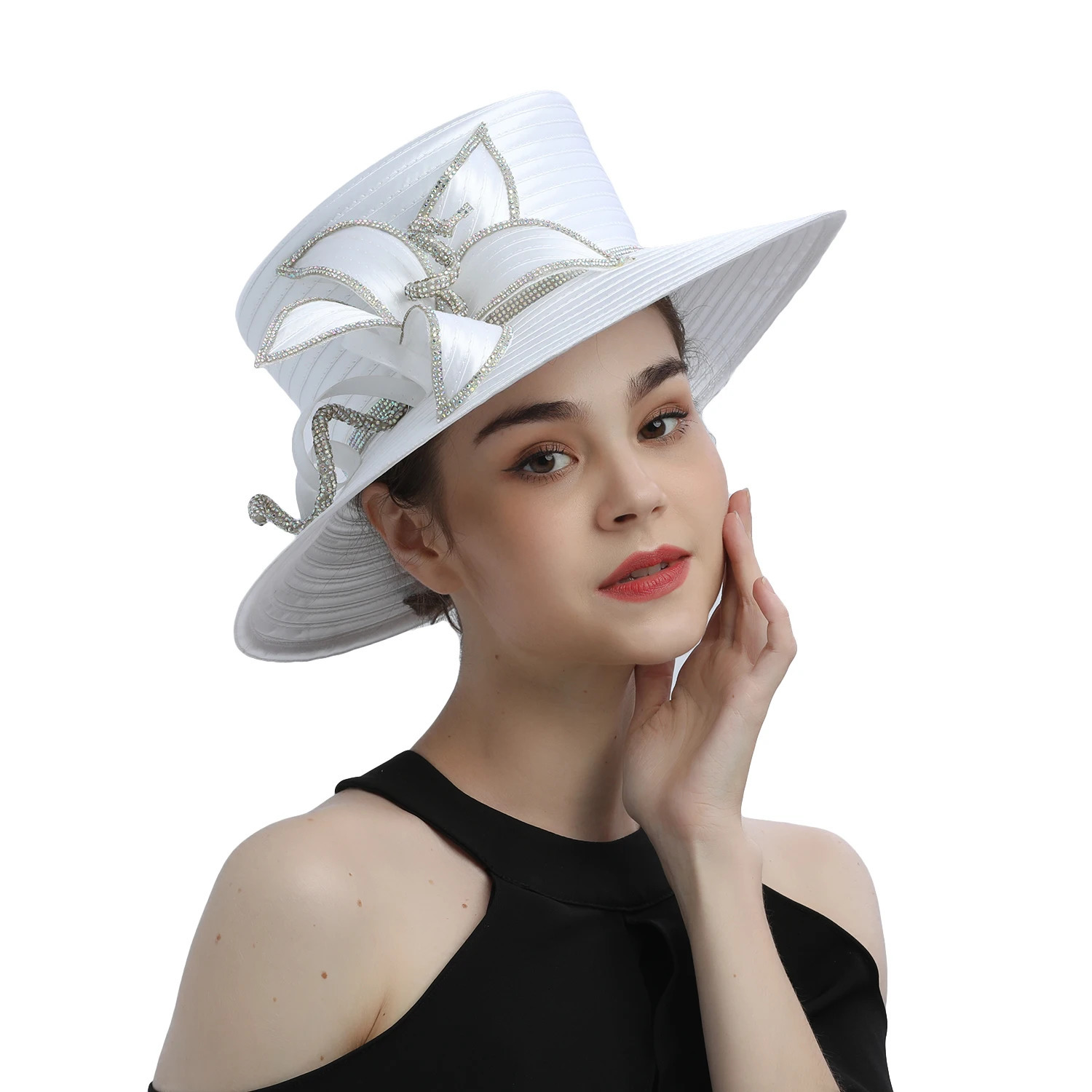 Deluxe White Church Hat Party Banquet Satin Cloth Pography Hats Premium Chains Formal Hat Flower Top Cap For Women Ladies 251016