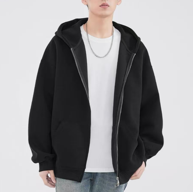 A simple and casual grey hooded double-zipper men's hoodie jacket