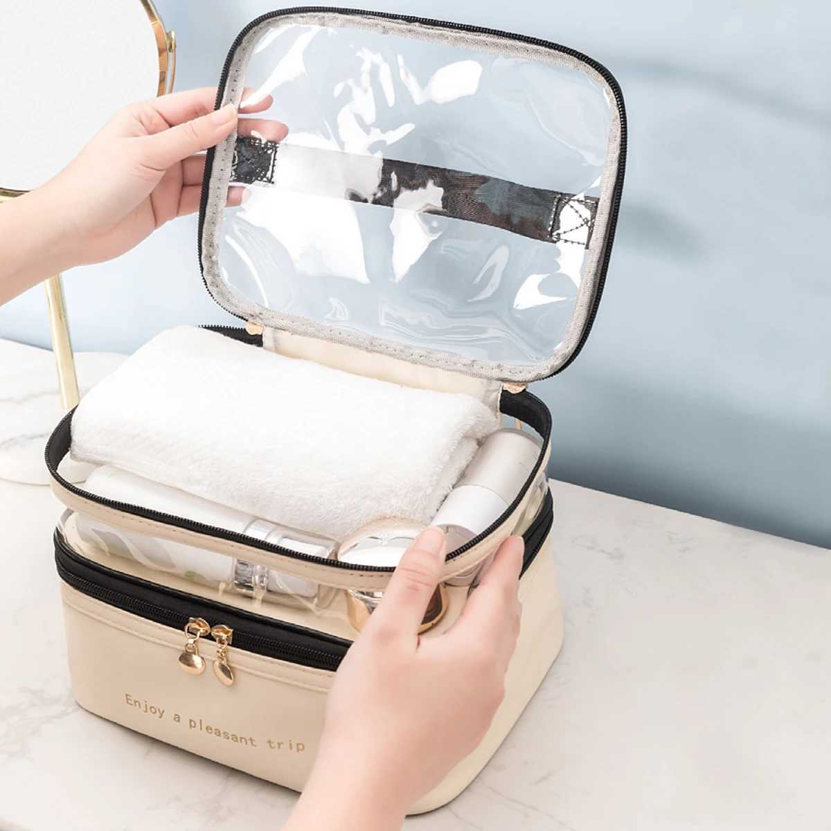 Double layer PU cosmetic bag large capacity portable storage bag waterproof travel toiletry bagW251021