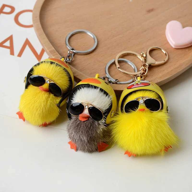 Cute Woman Keychain A Cool Duck with Helmet and Eyes Mink Hair Little Duck Plush Bag Pendant Car Keychain W251021