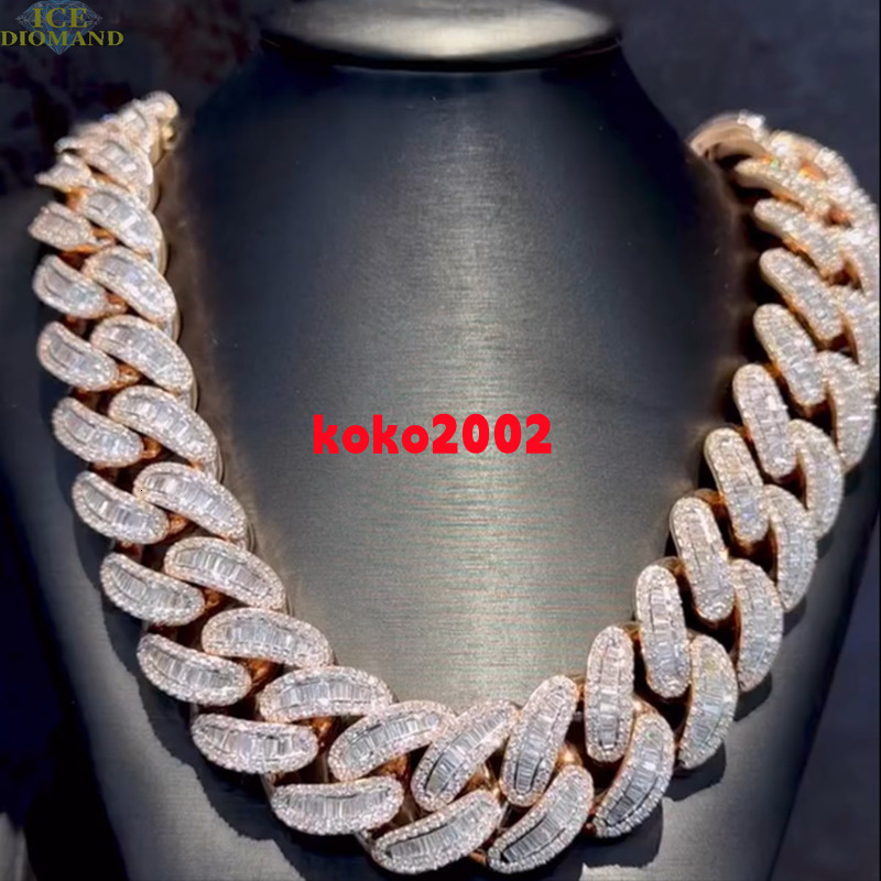 High Quality Rangular Fudge Iced VVS Moissanite Cuban Link Prong Inlaid 925 Silver Plated 18K Real Gold Cuban Necklace