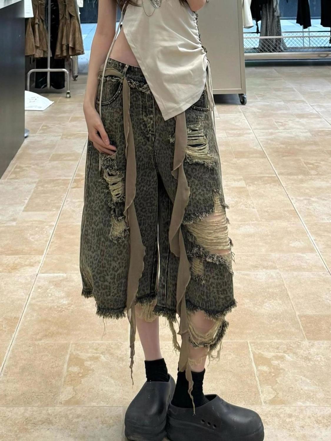 2025 American street style plus size washed retro worn-out leopard print design luxury women's loose fit wide leg designer new autumn and winter 