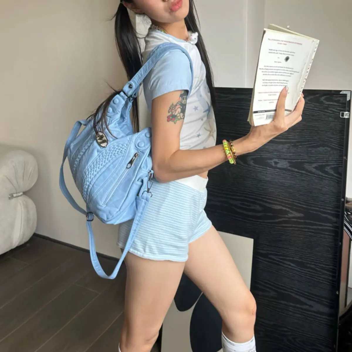 JIAERDI Hot Girls Blue Shoulder Bags Women Retro Leather Large Capacity Y2k Handbag Female Vintage Messenger Tote Bag Aesthetic Z251018