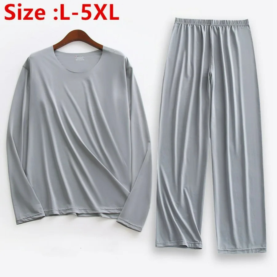 Plus Size 5XL Men Ice Silk Pajama Set Solid Long Sleeve Tops and Pants Sleepwear 2pcs Sets Soft Comfy Lounge Home Nightwear Male 251021