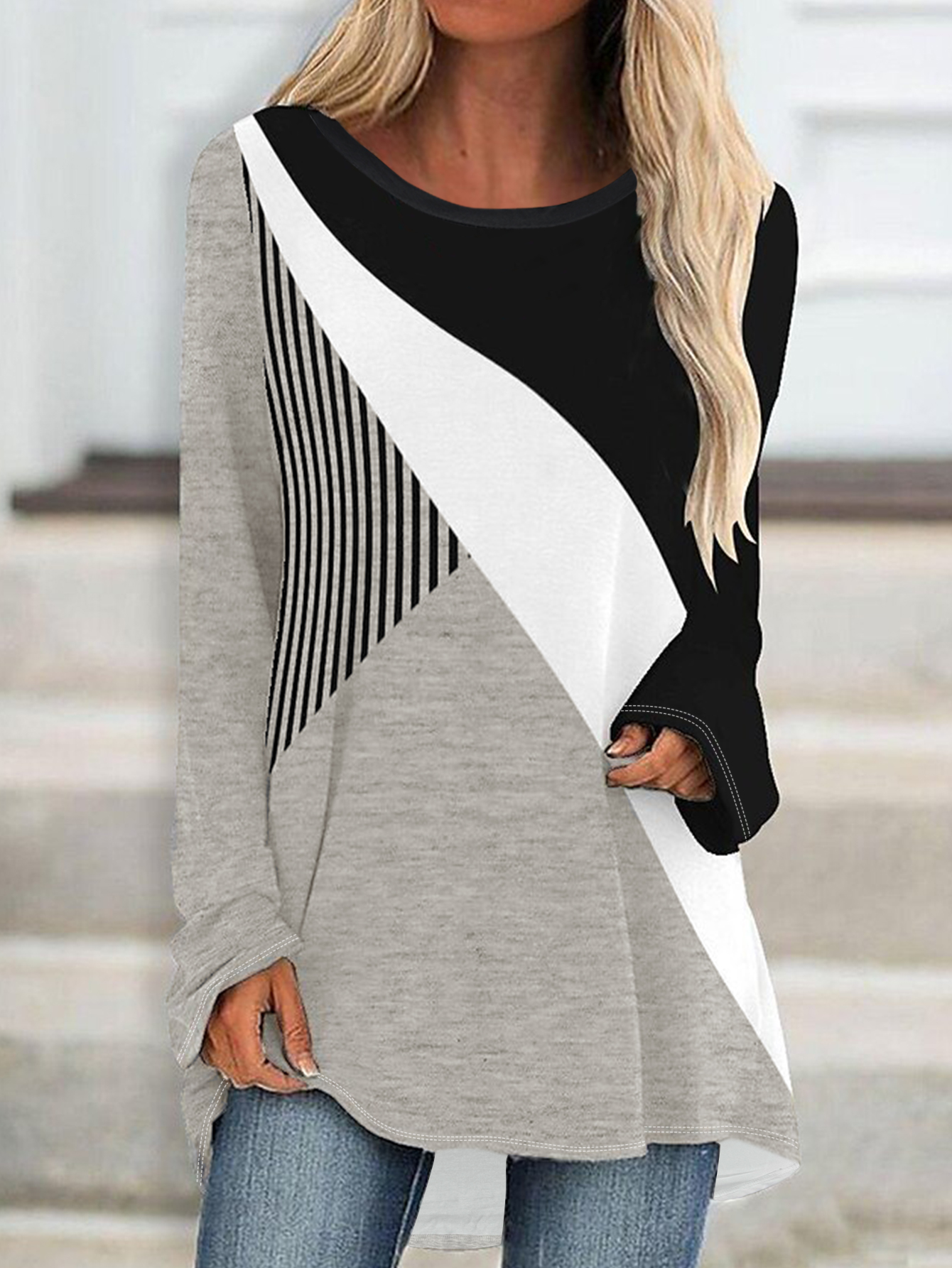 Women's Autumn New Geometric Printed Long Sleeve Top, Milk Silk Fashion Casual Commute Versatile Women's T-Shirt (S-XXL, Mixed Color)-CF5386