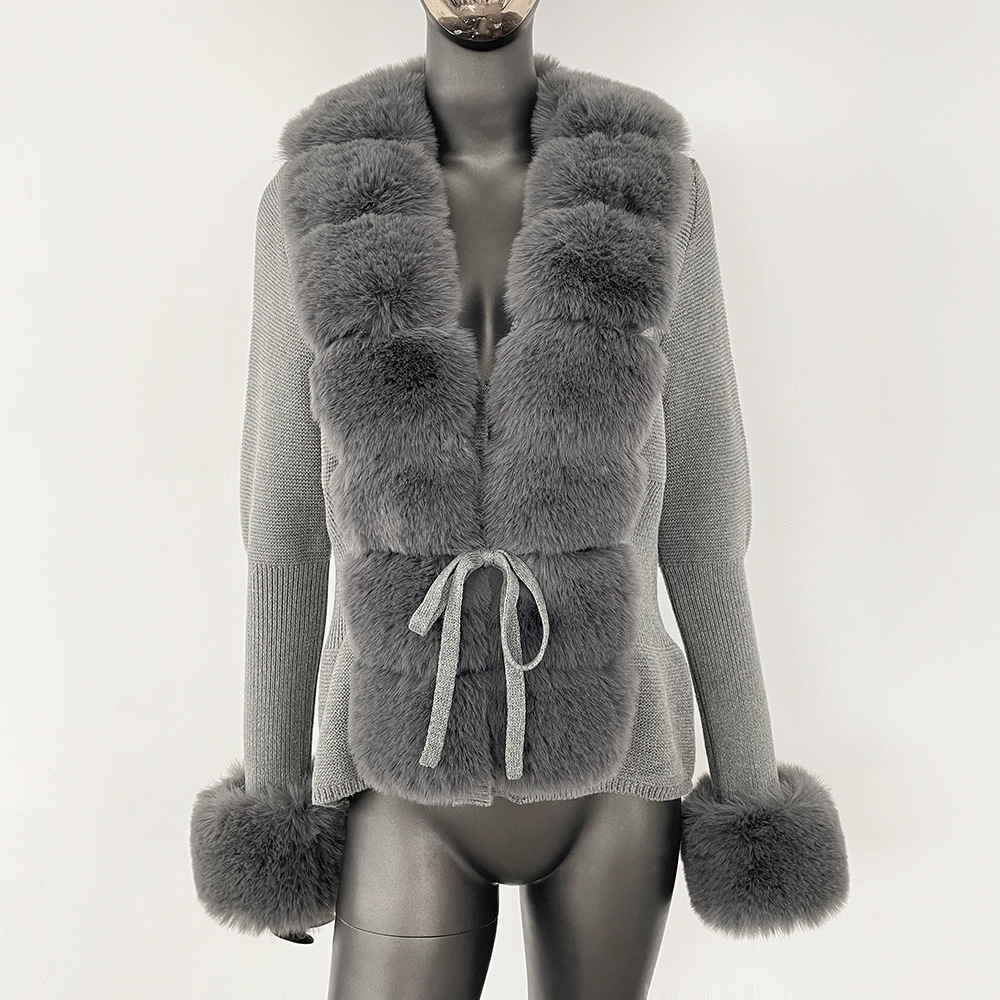 Fall Winter Women Faux Fur Coat Knitted Sweater Fur Cardigan Detachable Collar White Pink Jacket Faux Fur Coats 241106