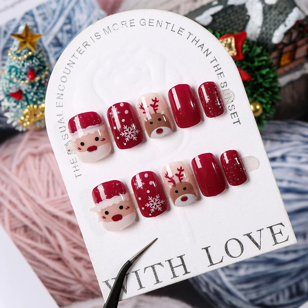 24Pcs Red Christmas Fake Nails Cute Santa Claus Reindeer Snowflake s Artificial Nails Glossy Short Oval Press On Nails 251014