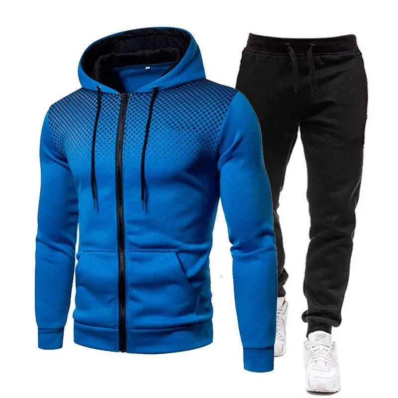 2025 Mens Sports Set Spring and Autumn Outdoor Running Clothing Dot Print Zipper Hoodie Sports Pants Two Piece Set 251021