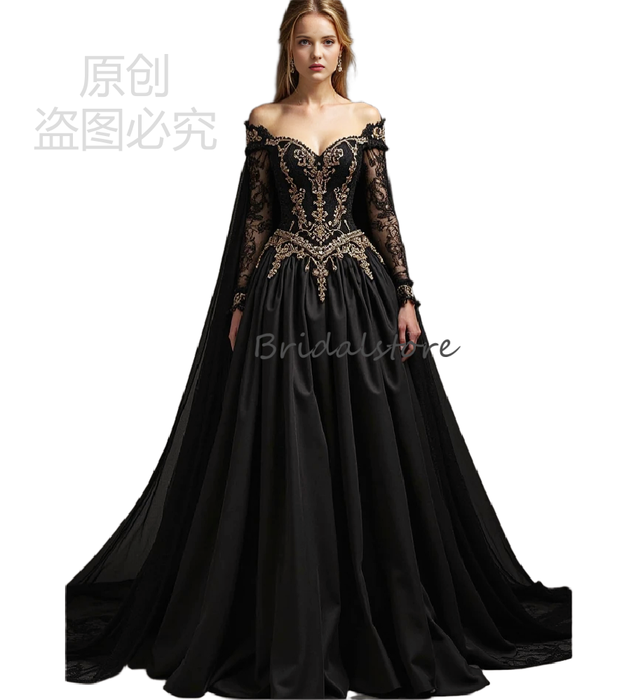 Vintage Black Medieval Evening Dress With Tulle Cape Gold Lace Witchy Renaissance 1800s Prom Dress 2026 Ceremony Party Gowns Vestio De Noche Long Slee