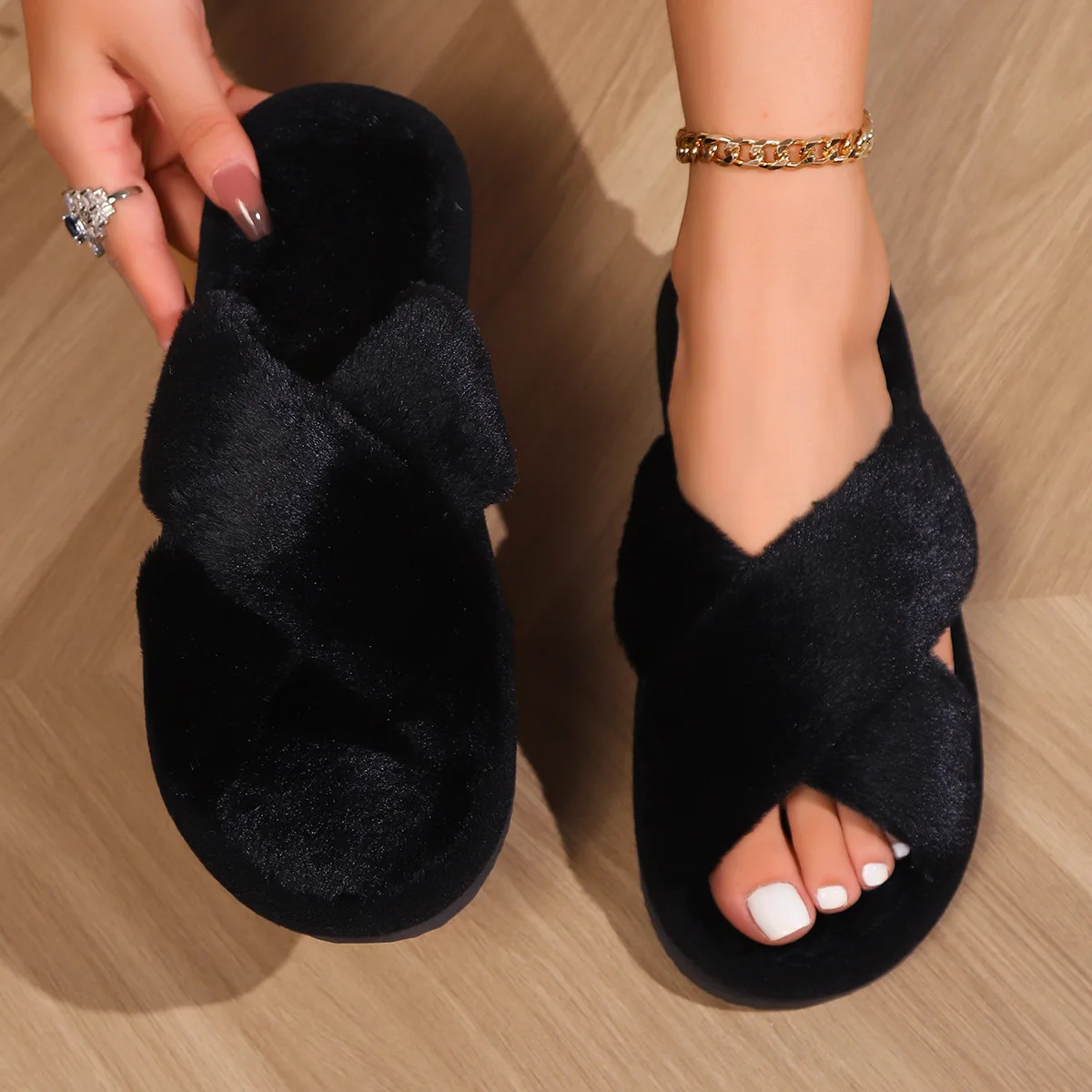 Womens Cross Band Fur Slippers Indoor Furry Fuzzy Open Toe Shoes Home Cozy Warm Slides Double Straps Slipper Soft Sole Non Slip 251021