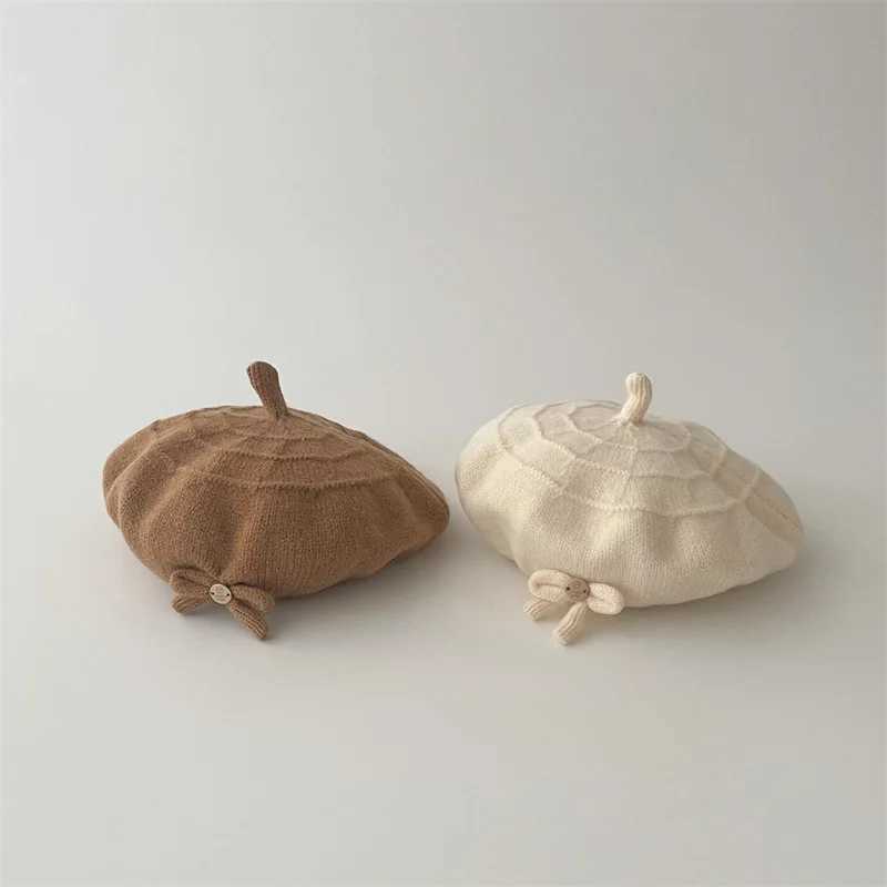 Korean Children Beret Sweet Bow Girl Baby Knitted Hat 624M Kids Winter Warm Woolen Cap Artist Painter Cap Soild Color Beanies J251021