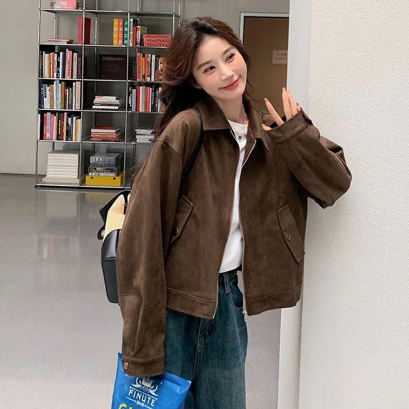 Browan Suede Jacket Womens Short Style Korean Fashion Autumn Coat HighEnd Feelings Polyester Fabric Long Sleeve Zipper Closure 251021