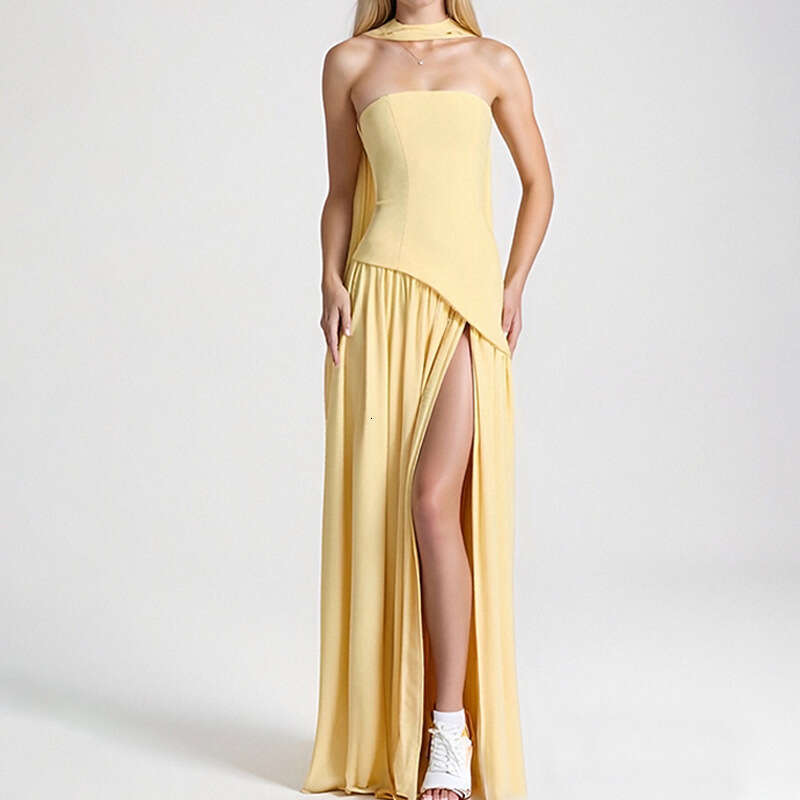 2025 Women's Strapless Solid Color Fashion Sexy Autumn Backless High Split Long Dress New Style
