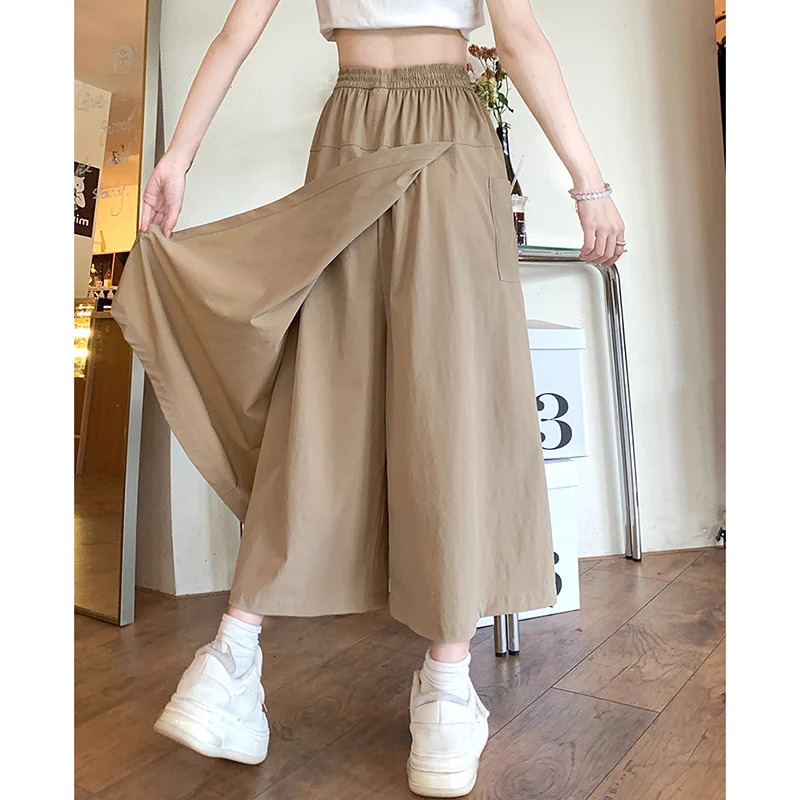 Girls Chic Elastic High Waisted Long Pants Lady Comfortable Wide Leg Trouser Korean Fashion Solid Color Slacks 251015