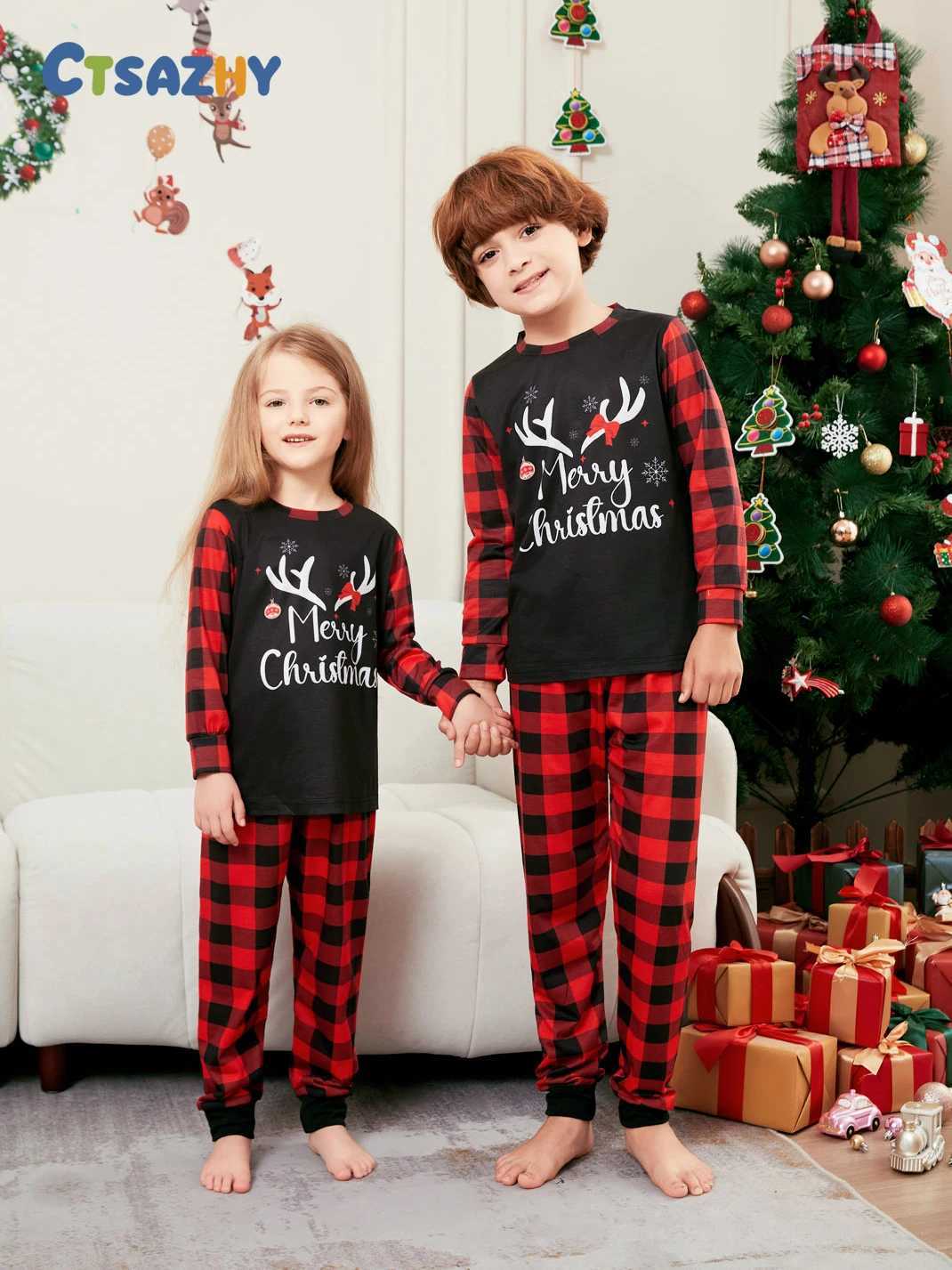 Merry Christmas Cartoon Pattern Mom Dad Kids Matching Pajamas Set 2 Pieces Suit Baby Romper Soft Loose Xmas Family Look Pyjamas L251021XK6D