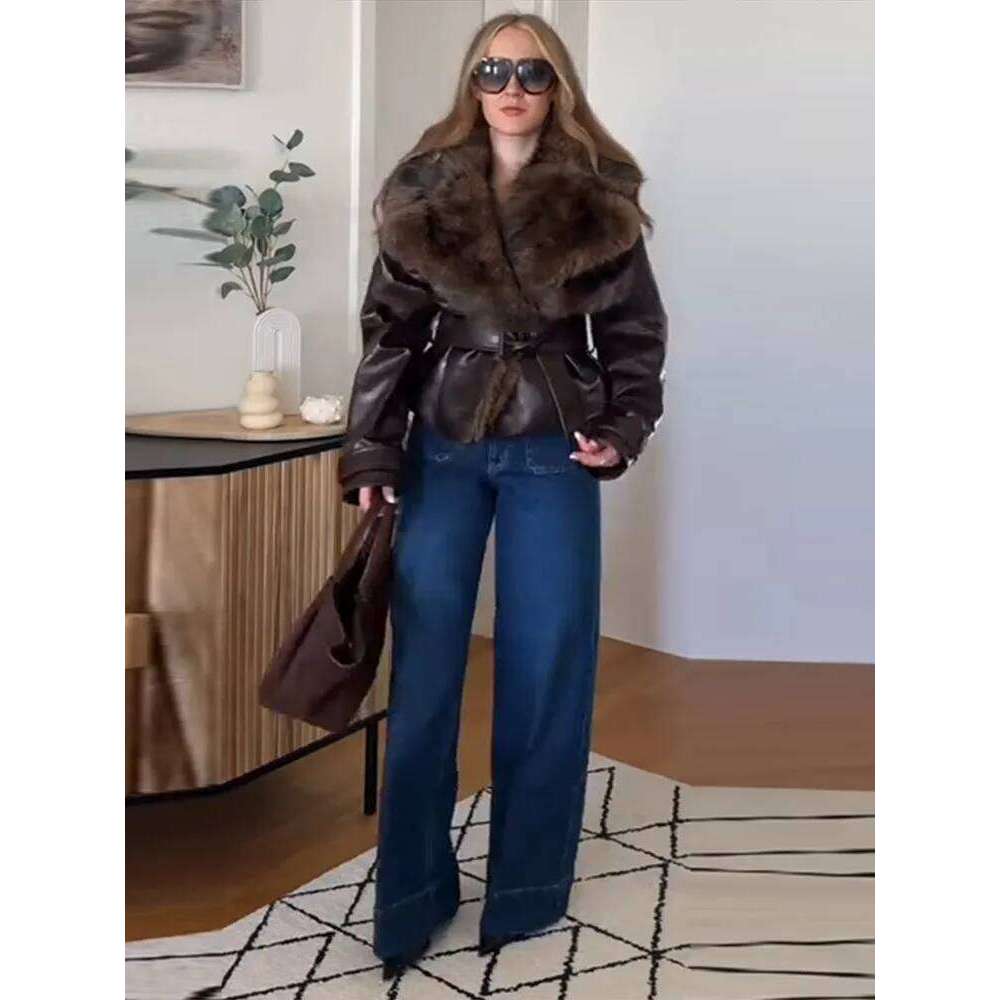Faux Fur Collar Jackets For Women Leather Coats Vintage Outwear Belt Short Tops Winter Coat Casual Clothes Woman Chic Jacket