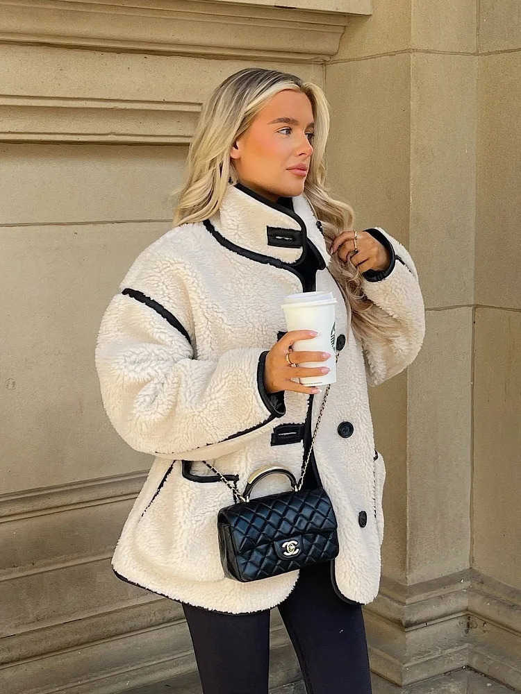 PBZA womens autumn and winter fleece jacket stand up collar single breasted loose warm teddy top 251021