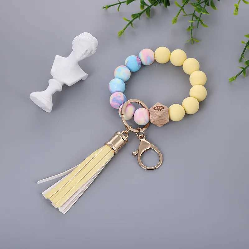 Colored Silicone Bead Bracelet PU Tassel Keychain Wristlet Bracelet Pendant Keychain Woman Man Jewelry Accessories Gifts W251021