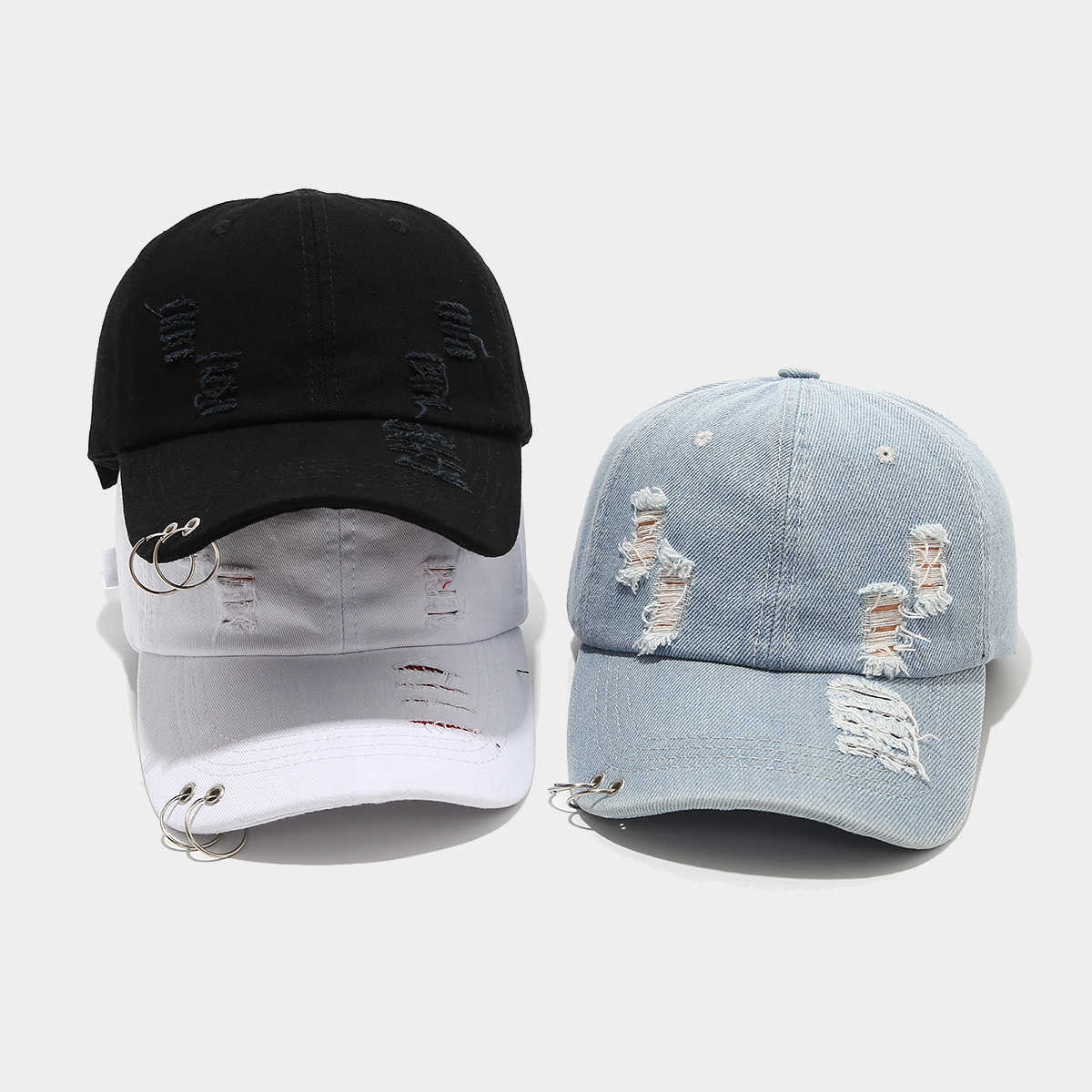 Womens Trendy Ring Denim Ripped Baseball Cap Mens Unique Street Performance Hiphop Duckbill Cap H251020