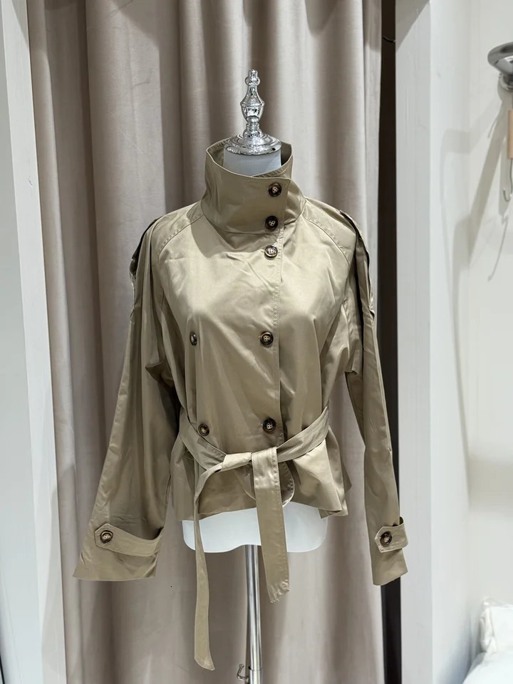 Belted Waist Cropped Trench Jackets Women Double Breasted Stand Collar Coats Autumn Chic Casual Vintage Jacket Cloth 251021