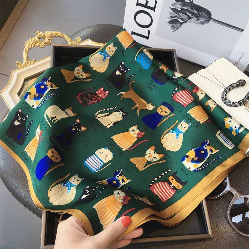 Luxury Hijab Silk Shawl and Wrap Cute Cat Print Scarf for Wen Neckerchi Hair Band Wrist band Bandana 2023 EcharpeW251021