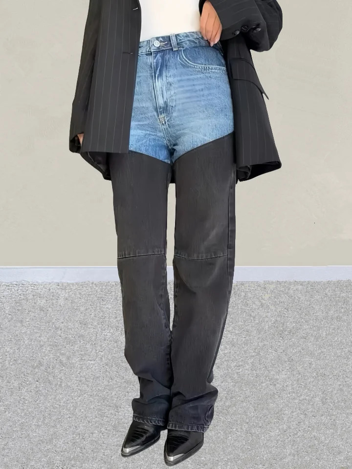 Trashy Y2K 2000S Washed Blue Black Patchwork Slim Stretch Jeans Pants For Women Clothing Casual Lady Denim Trousers Ropa Mujer 251020